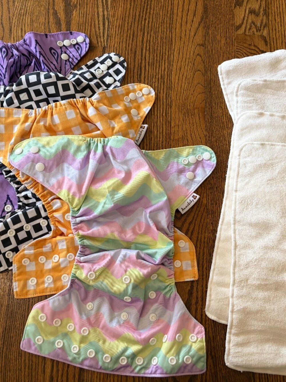 AnmaBaby Cloth Diaper Snaps Set 4 Covers 4 Inserts‎ Colorful Natural Baby